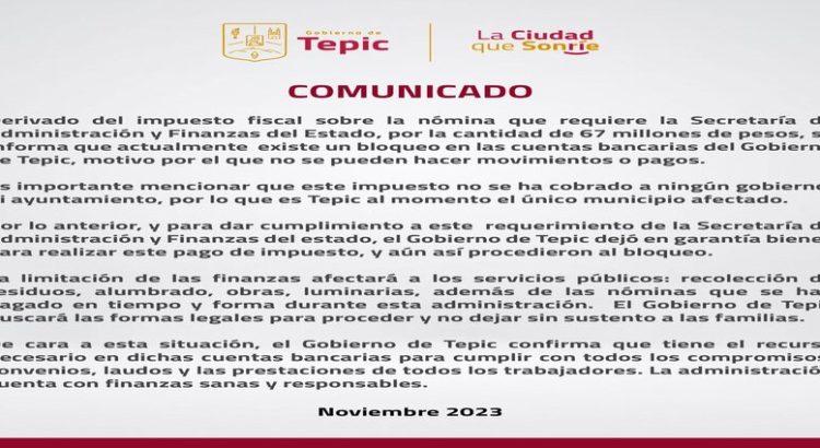 Bloquean las cuentas bancarias del Ayuntamiento de Tepic